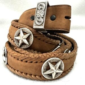 Leather Western Belt 50" X  1.25" Texas Star Conchos Removable Buckle Hand Made